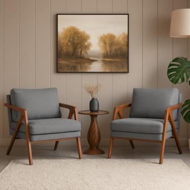 Imagem de Kit 2 Poltronas Linho Cinza Mona Decorativa Sala Luxo Pés Em Madeira Maciça