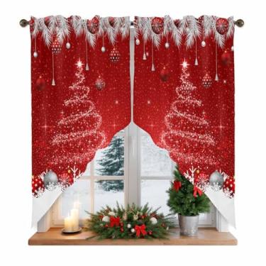 Imagem de Cortina de Natal com bolas de Natal para janela de cozinha, floco de neve, tratamento para banheiro, sala de estar, 2 painéis, L 71 x C 91 cm