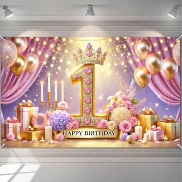 Imagem de HOMETITUTE Pano de fundo para decoração de 1º aniversário com coroa de princesa com balões dourados, flores e velas, faixa de feliz aniversário, fundo para fotografia de férias ao ar livre 180 x 109