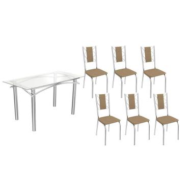 Imagem de Sala de Jantar Completa Elba c/ Tampo de Vidro 150cm e 6 Cadeiras Lisboa Cromada - Corano Capuccino - Kappesberg