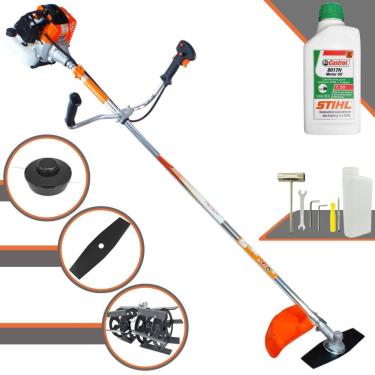 Imagem de Roçadeira Vulcan VR430-S À Gasolina 43cc 1,7HP Alta Rotação e Performance Com Carretel Nylon + Faca 2 Pontas + Enxada Rotativa + ÓLEO STIHL 2 Tempos