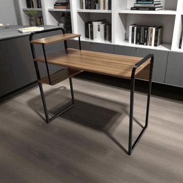 Imagem de Mesa Estante Home Office 2 Prateleiras 95cm Nogal/Preto