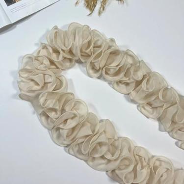 Imagem de Yalulu 5 metros de tecido de fita de chiffon plissado 3D com acabamento de renda, acabamento de flor, acabamento de renda e aplique para costura, decoração de vestido de casamento (damasco)