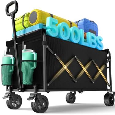 Imagem de Carrinhos de carroça dobrável dobrável e estendida com capacidade de peso de 226 kg, carrinho utilitário de jardim dobrável resistente com grandes rodas de praia para todos os terrenos e suportes para