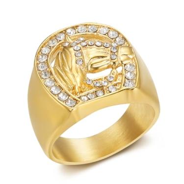 Imagem de NEGS Anel masculino de aço inoxidável com cavalo da sorte banhado a ouro 18 quilates, joia de festa em ferradura, Metal, Zircônia cúbica