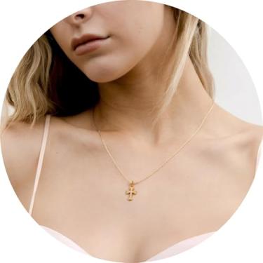 Imagem de Colar delicado com pingente de cruz com corrente ajustável, joia cristã para mulheres, batismo ou confirmação inspirada na fé, 35,5 a 45,7 cm + 5,78 cm, 14+2 Inches, Aço inoxidável, Sem Pedra Preciosa