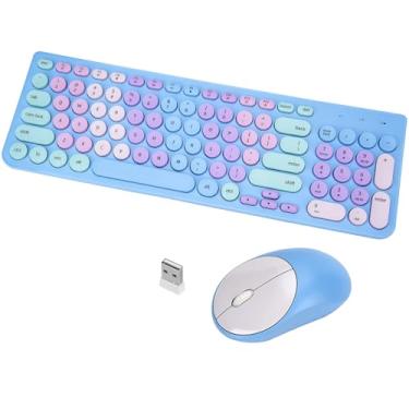 Imagem de Combo de teclado e mouse sem fio, teclado de máquina de escrever retrô com teclas redondas, USB de 2,4 GHz, lindo mouse sem fio para computador, desktop, laptop e computador (azul arco-íris)