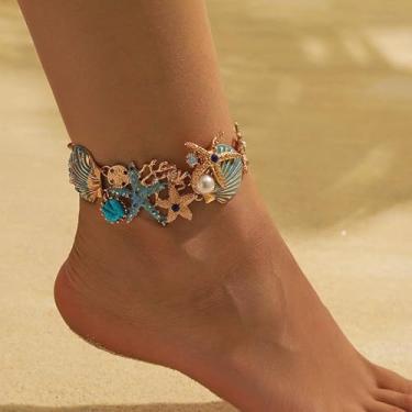 Imagem de Tornozeleiras douradas azuis brilhantes com strass e pérolas redondas em estilo boêmio joias de praia para presentes