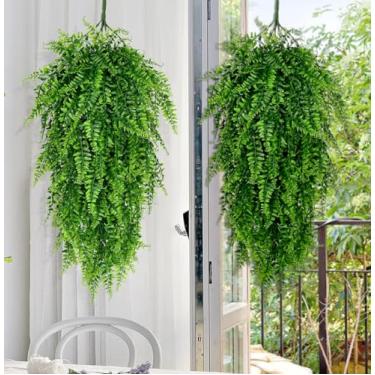 Imagem de 2 peças de plantas falsas penduradas de 75 cm, samambaias artificiais para ambientes externos, samambaias falsas de plástico resistentes a UV para decoração de festas de casamento e festas de