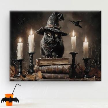 Imagem de Arte de parede de gato gótico vintage Halloween mago assustador imagem de gato arte Dark Academia Halloween decoração de parede para sala de estar quarto 25 x 20 cm