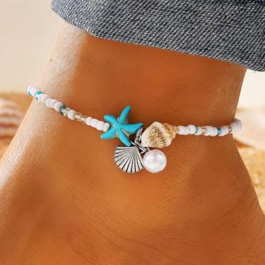 Imagem de Tornozeleira feminina de praia elástica à prova d'água com coração elástico, tornozeleira colorida, com contas, boêmio, amor, prata, acessórios de joias de praia