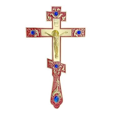 Imagem de RZRHMUHN Cruz de bênção ortodoxa de 26 cm, cruz de mão ortodoxa, crucifixo bizantino de metal, presente de fé para padre, coleção de arte religiosa, decoração de casa (vermelha)