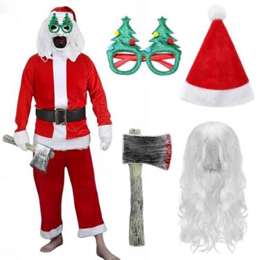 Imagem de Geyoga 4 peças de fantasia de assassino de Halloween, fantasia de Natal, inclui chapéu vermelho de Papai Noel, óculos de árvore de Natal, peruca branca com rede de cabelo, conjunto completo de máscara