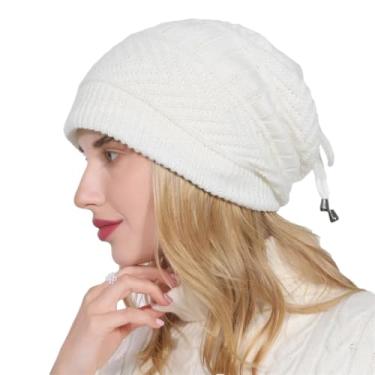 Imagem de Gorro feminino de malha elástica sólido cachecol quente para inverno, Branco, tamanho �nico