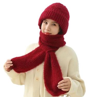 Imagem de Chapéu feminino de pelúcia de inverno, cachecol espesso, quente, com capuz, proteção de orelha, para esqui ao ar livre, gorro feminino, vermelho, tamanho único