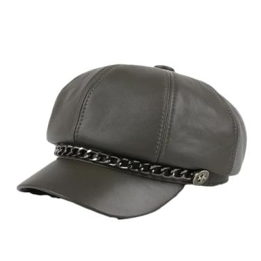 Imagem de Chapéu feminino octogonal de inverno britânico retrô boina de couro genuíno mujer flores gorros de corrente dourada, Cinza 9 Estilo 1, 57 58 cm