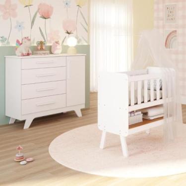 Imagem de Quarto de Bebê Completo Mini Berço 3 em 1 Cômoda 1 Portas Lisa 4 Gavetas Retro 100% MDF