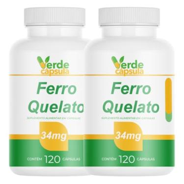 Imagem de Kit 2 Ferro Quelato 34mg 240 Cápsulas - Bisglicinato Ferroso - Suplemento Alimentar em Cápsulas - Verde Cápsula