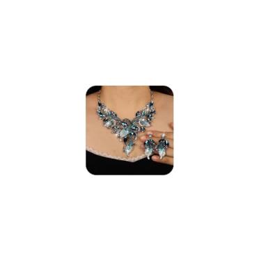 Imagem de Missgrace Conjunto de colares e brincos para mulheres vintage Boho Bride Wedding Colorido Vermelho Azul Grande Festa Formatura Folha Lágrima Strass Grande Brilhante, Large, Strass, Sem Pedra Preciosa