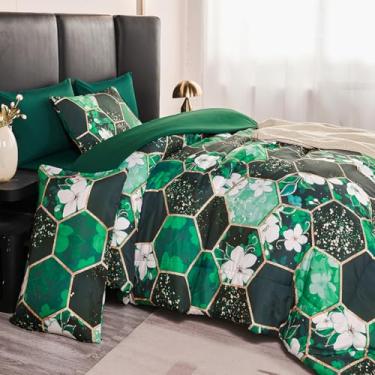 Imagem de ZRNBAST Conjunto de edredom verde, tamanho casal, 7 peças, floral, geométrico, com lençóis, microfibra macia para todas as estações (verde floral, casal)