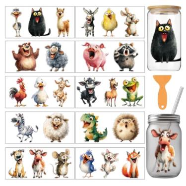 Imagem de arricraft 10 peças de papéis de transferência UV com tema de animais engraçados, 10 estilos, gato, coelho, urso, ovelha, porco, vaca, rato, pássaro, PVC, faça você mesmo, adesivos de transferência de