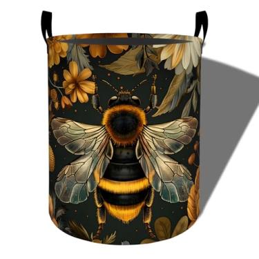 Imagem de amepay Cesta de roupa suja vintage de abelha, pano Oxford dobrável de flor dourada, cesto de roupas sujas à prova d'água com alças, organizador de brinquedos para banheiro, quarto, dormitório, 50 x