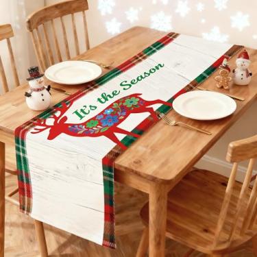 Imagem de Caminho de mesa de Natal 33 x 91 cm - Decoração de mesa de jantar de cozinha de inverno estampada floral veado vermelho e bordas xadrez corredor para decoração de casa festiva de férias