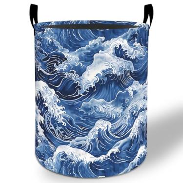 Imagem de Cesto de lavanderia Ocean Wave 50 x 40 cm, balde de armazenamento de roupas Oxford dobrável à prova d'água para quarto, banheiro, quarto, berçário, organizador de brinquedos, presentes para crianças