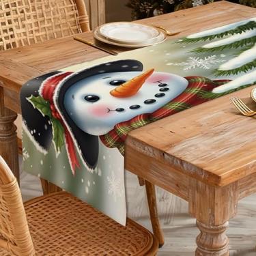 Imagem de Caminho de mesa de Natal 33 x 91 cm - Decoração de mesa de jantar de cozinha de inverno para decoração de casa, boneco de neve impresso com cartola, cachecol xadrez, árvore de Natal coberta de neve