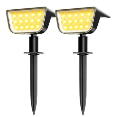 Imagem de OUGELEE Luzes solares para ambientes externos, luzes solares ultra brilhantes para jardim, branco quente, IP68 à prova d'água, holofotes de paisagem, luzes solares 800LM 2700K para garagem, parede de