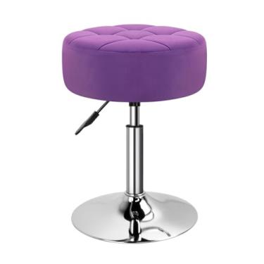 Imagem de WKWKER Banco de maquiagem estofado de veludo giratório ajustável para sala de maquiagem, pequeno otomano redondo para sala de estar, cadeira de maquiagem para quarto, spa e salão de beleza (roxo)