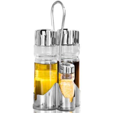 Imagem de Kit Galheteiro De Vidro Com Suporte Para Azeite Sal Vinagre Saleiro 4 