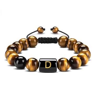 Imagem de Guz Pulseira com iniciais A-Z 10 mm Natural Preto Ônix Olho de Tigre Pulseira de Corda Trançada para Homens Pulseira de Letra (D)