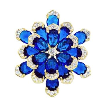 Imagem de Broche de flor CZ da moda de luxo, banhado a ouro com pedras de zircônia cúbica azul e detalhes de strass transparente, design floral elegante