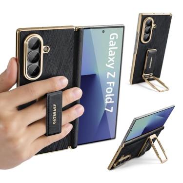 Imagem de NIFBANG Capa de couro aderente para Samsung Galaxy Z Fold 7 com alça de dedo, capas de telefone com suporte de metal rotativo de 360°, proteção de dobradiça, antiarranhões, à prova de choque, capa de