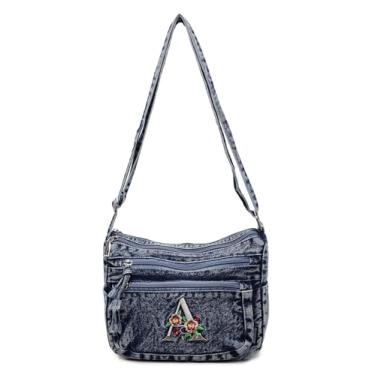 Imagem de YANPLS Bolsa tiracolo jeans vintage para mulheres, bolsa jeans com alça ajustável, bolsa de ombro casual azul, Azul10