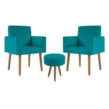 Imagem de Kit 2 Poltronas Cadeira Recepção Nina Com Puff Balaqui Decor Cor:azul Turquesa