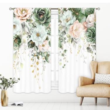 Imagem de Cinbloo Cortinas florais verdes e rosa 106 cm L x 153 cm A bolso para varão aquarela flor silvestre rosa botânica folha de eucalipto meninas arte impressa primavera sala de estar quarto cortinas