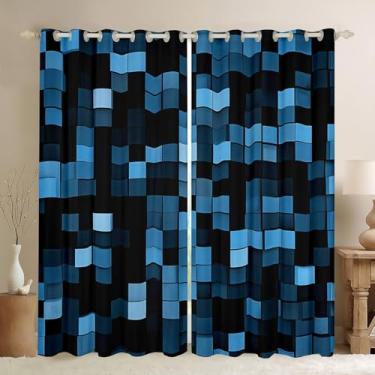Imagem de Manfei Cortinas de janela com blocos pixelados, decoração quadrada de patchwork, sala de jogos, quarto de bebê, decoração de quarto de meninas e meninos, azul 2 painéis, 106 cm L x 230 cm C