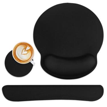 Imagem de Britimes Conjunto de mouse pad ergonômico preto com descanso de pulso preto base de borracha antiderrapante suporte de almofada de pulso e porta-copos mousepad com suporte de pulso para teclado de