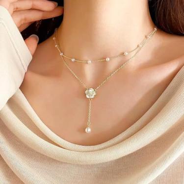 Imagem de Boho Colar feminino com pingente de flor branca em camadas, colar em Y, corrente de flor Y Lariat, joia para meninas