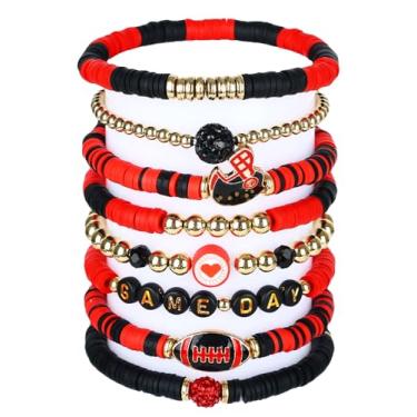 Imagem de JSLOVFLO Pulseiras de Dia de Jogo de Futebol para Mulheres Pulseiras de Futebol Vermelho Preto Azul Heishi Argila Contas Pulseiras Elásticas Empilháveis Pulseiras Esportivas Pulseiras Futebol Mãe