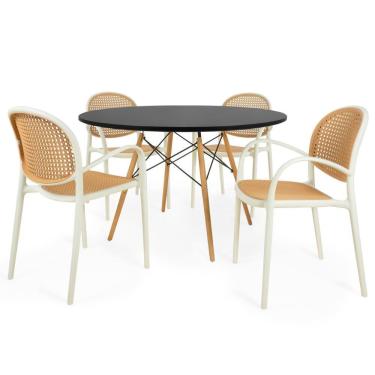 Imagem de Conjunto Mesa De Jantar Redonda Eiffel Preta 120cm Com 4 Cadeiras Roma Com Braço - Bege