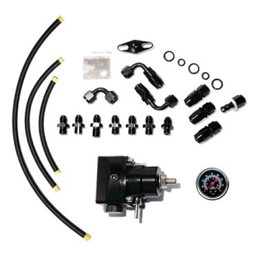 Imagem de ZTYAFEI Kit regulador de pressão de combustível EFI universal - alumínio preto + vermelho (0-100 PSI) com conexões de linha de combustível 6AN e medidor de pressão (preto)