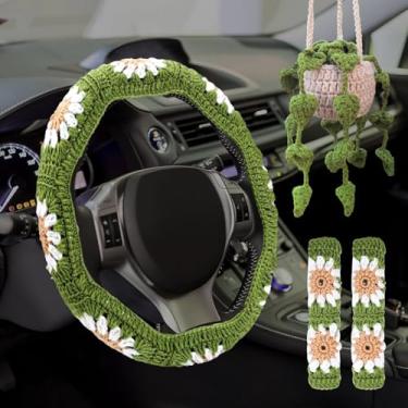 Imagem de Conjunto de capa de volante de crochê - tema floral, estrutura de poliéster, serve para rodas de 35 a 48 cm, com capas de cinto de segurança e cabide de plantas para interior de carro