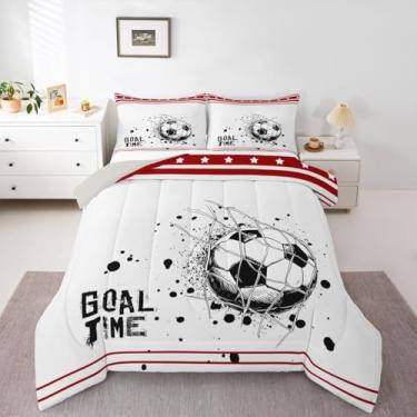Imagem de Erosebridal Conjunto de edredom solteiro de futebol para adolescentes, jogo de bola esportiva, para decoração de quarto, estrelas brancas e vermelhas, 2 peças (Houston)