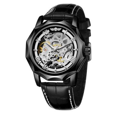 Imagem de WENFVVIN Relógio de pulso masculino automático esqueleto mecânico numeral romano dodecágono com pulseira de couro genuíno, Preto