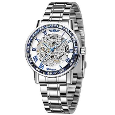 Imagem de WENFVVIN Relógio masculino esqueleto mecânico aço inoxidável steampunk relógio de pulso mão vento, Prateado, branco