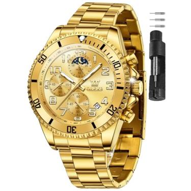Imagem de OLEVS Relógios masculinos de aço inoxidável com cronógrafo, mostrador grande, à prova d'água, luxuoso, moderno, azul/preto/dourado/verde/prata Relojes para Hombres, Dourado, Round, Relógio masculino
