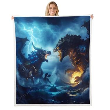 Imagem de Cobertor infantil monstro 3D, cobertor de cama neon relâmpago ondas do oceano para meninos e meninas, cobertor de lã com tema de monstro animal 3D, cobertor felpudo azul amarelo, 101 x 127 cm
